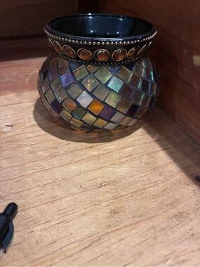 PartyLite Iridescent Amber and Purple Mosaic Glass Votive Holder